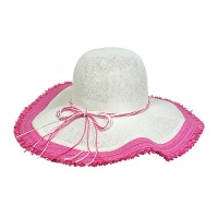 Straw Wide Brim Hats - Paper Straw w/ Fringe Trim - Hot Pink - HT-ST299HPK